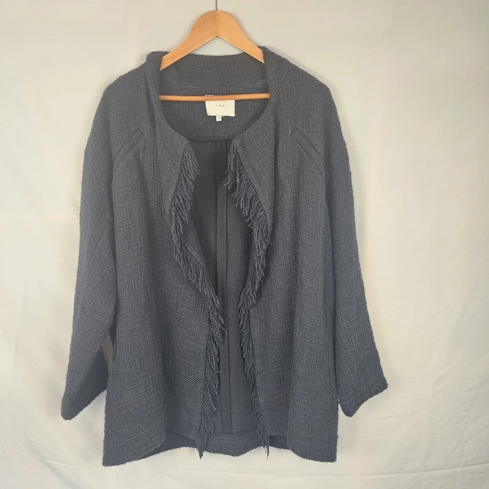 Iro Cauley Black Tweed Fringe Cotton Jacket‎ Women's Size 36